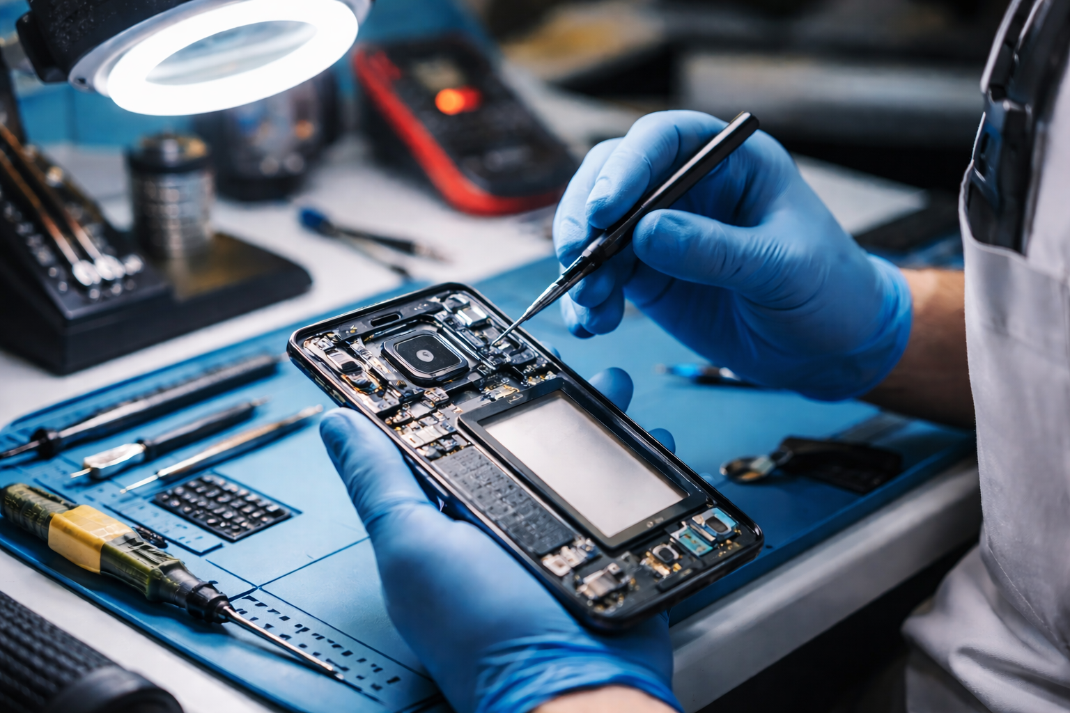 Fixtronics technician repairing Samsung Galaxy screen in NYC electronics repair shop